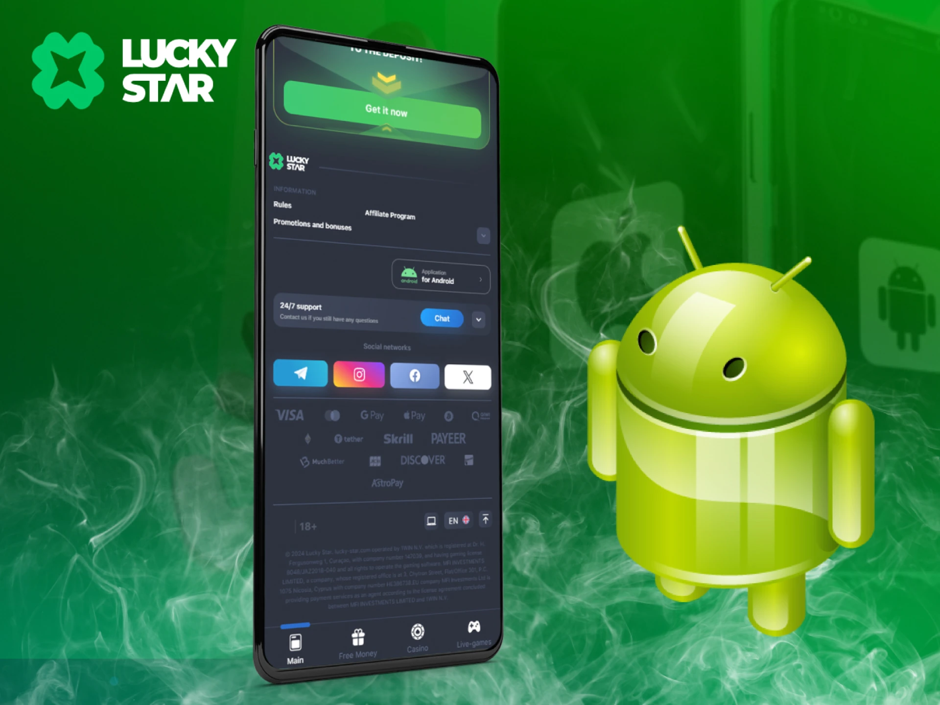 The Lucky Star Android APK interface on a smartphone screen next to a 3D Android mascot.
