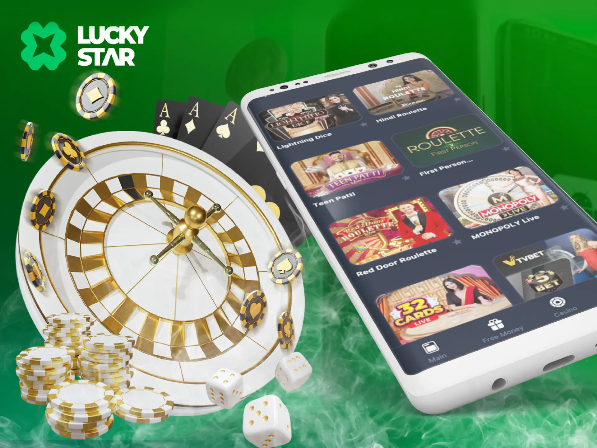 A smartphone displays a variety of Lucky Star live dealer board games next to a roulette wheel, stacks of chips, and dice on a green background.