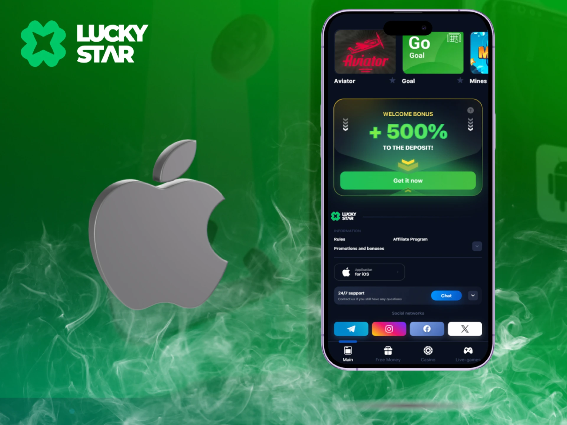 Lucky Star iOS app featuring a smartphone displaying main page alongside a silver 3D Apple logo on a smoky green background.