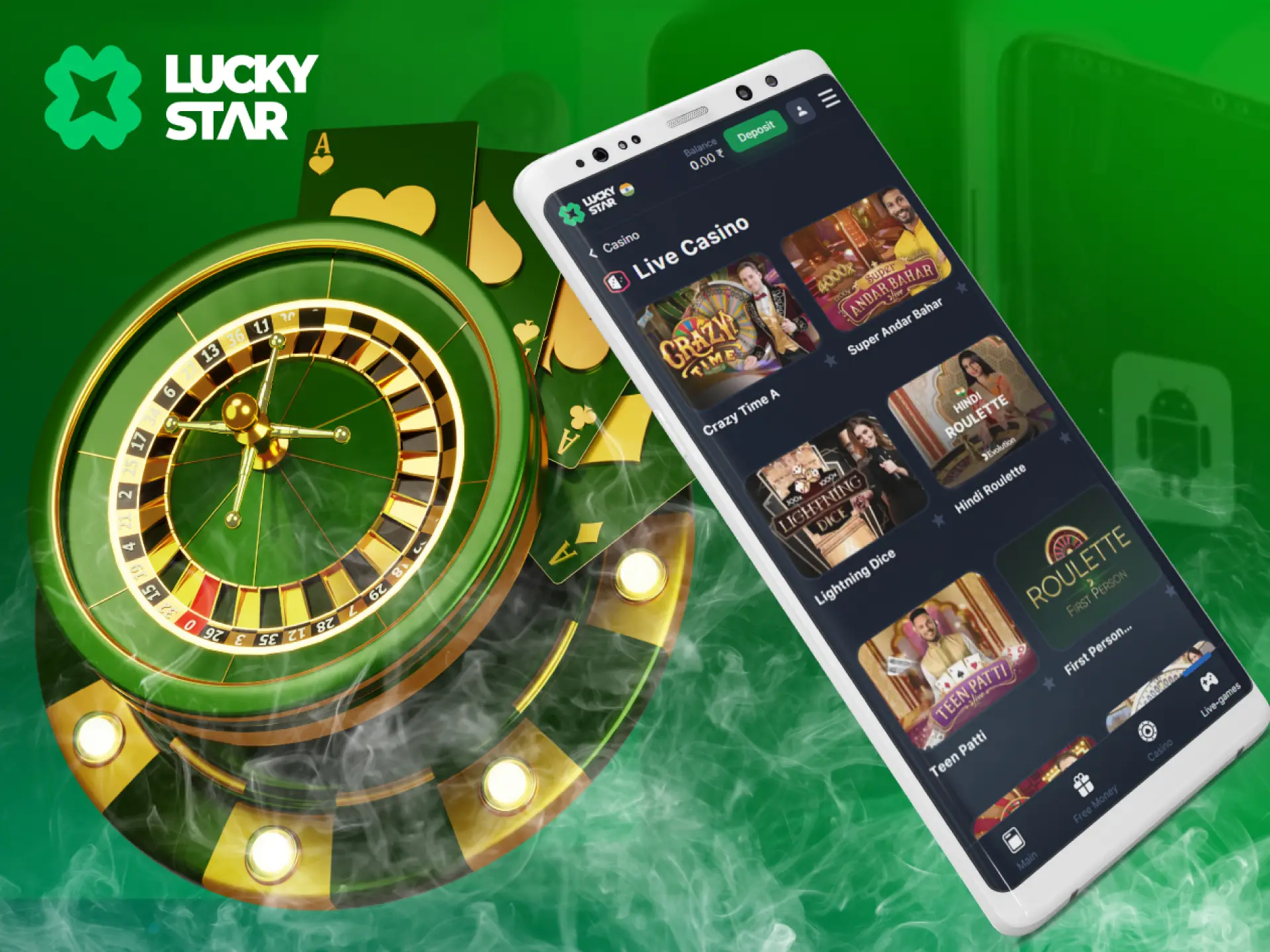 A smartphone displays Lucky Star live casino lobby with various game thumbnails next to roulette wheel and playing cards on a green background.