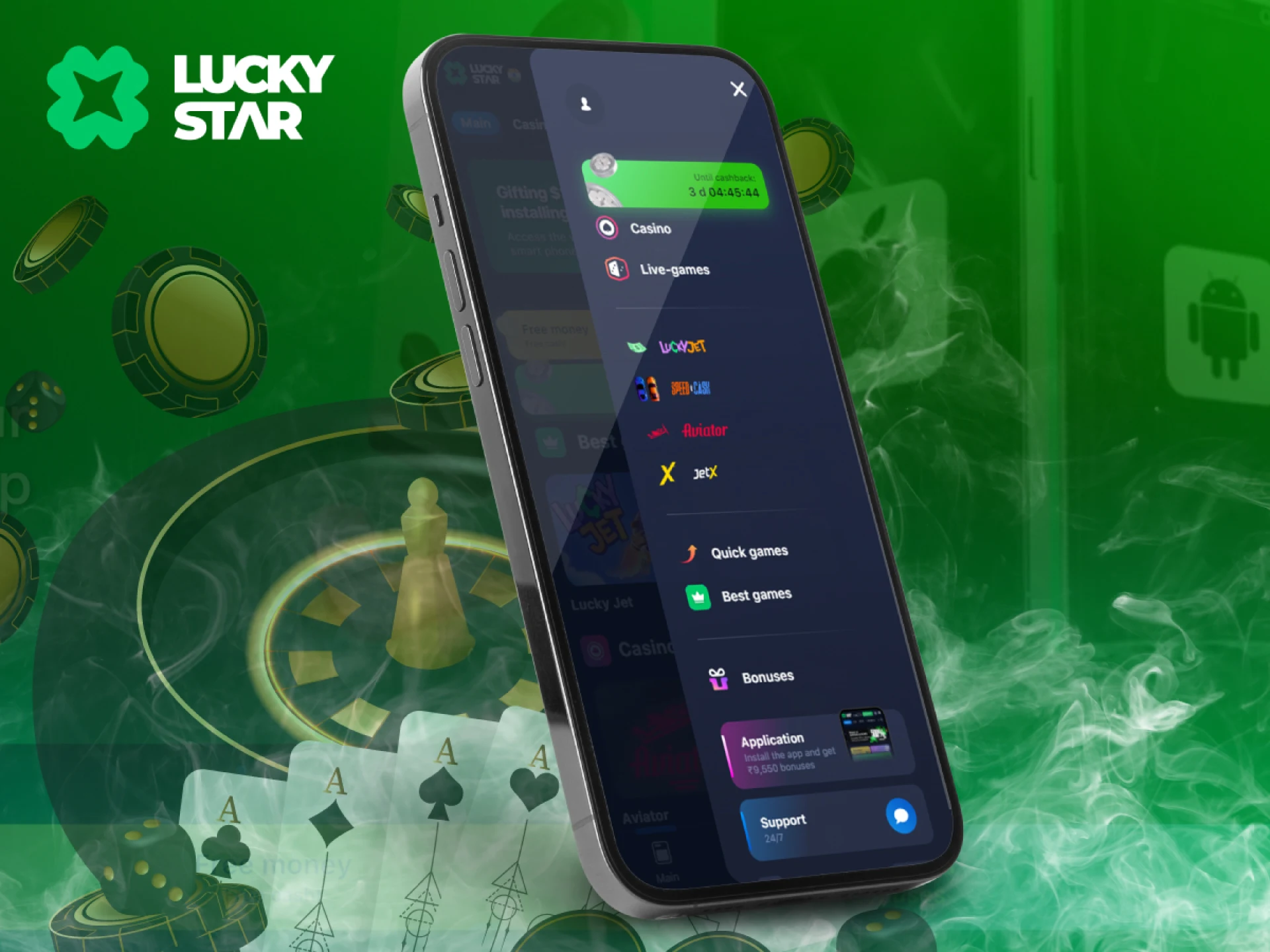 A smartphone displays a side navigation menu of the Lucky Star mobile site.