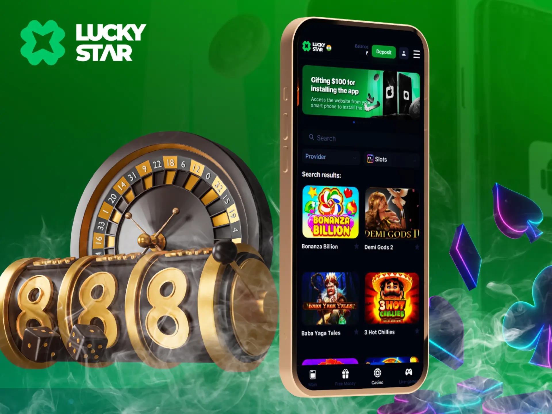 A smartphone displays Lucky Star slots game gallery next to a 3D roulette wheel, slot machine, and dice on a green background.