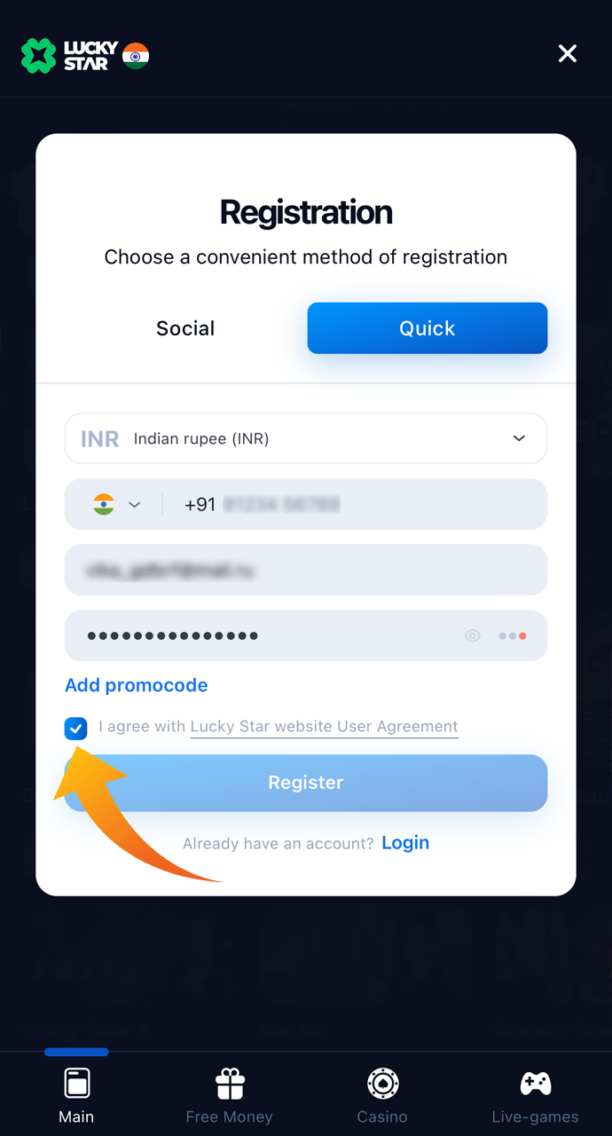 Verify your age and agree to the basic rules of Lucky Star.