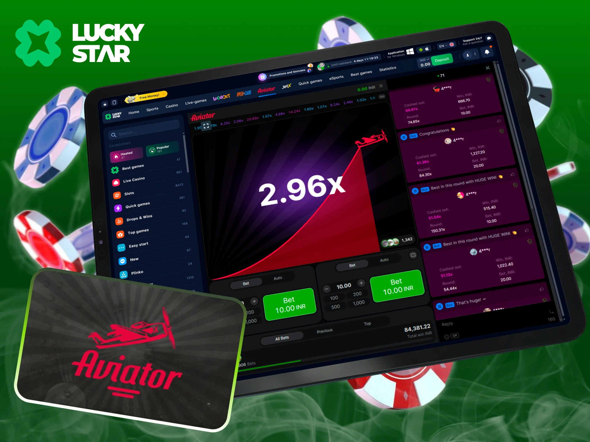A tablet displays the Lucky Star Aviator game interface surrounded by flying casino chips and a branded logo on a smoky green background.