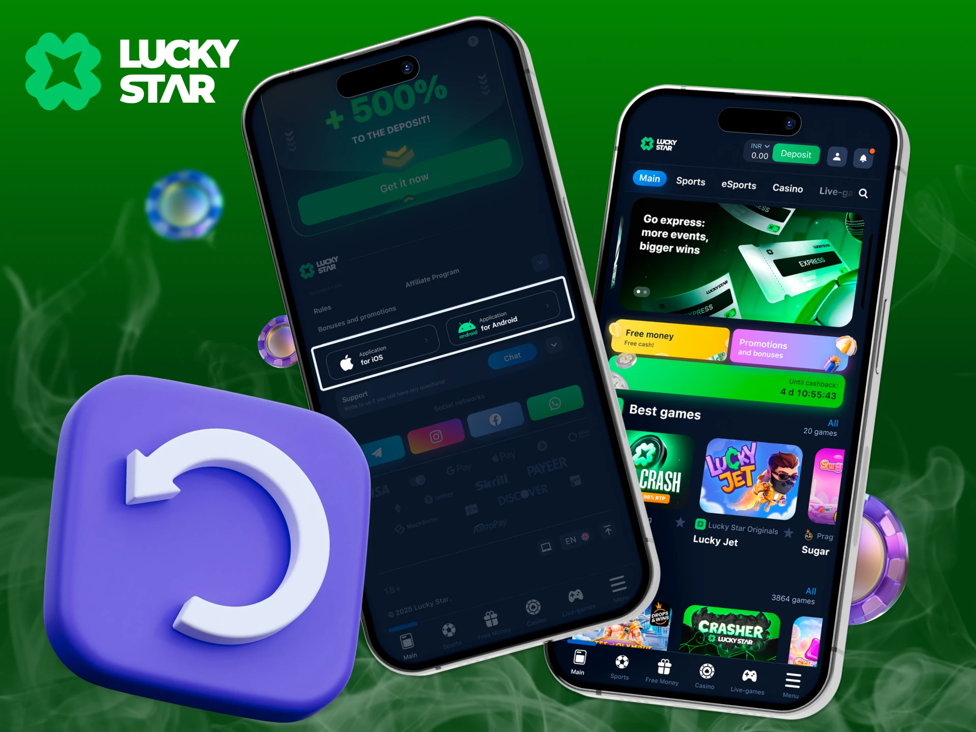 Two smartphones display the Lucky Star app interface alongside a large 3D update icon featuring a circular arrow on a smoky green background.
